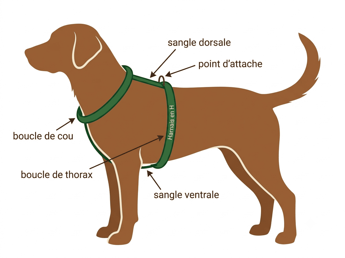 Schéma d'un harnais en H pour chien avec boucle de cou, boucle de thorax et point d'attache dorsal