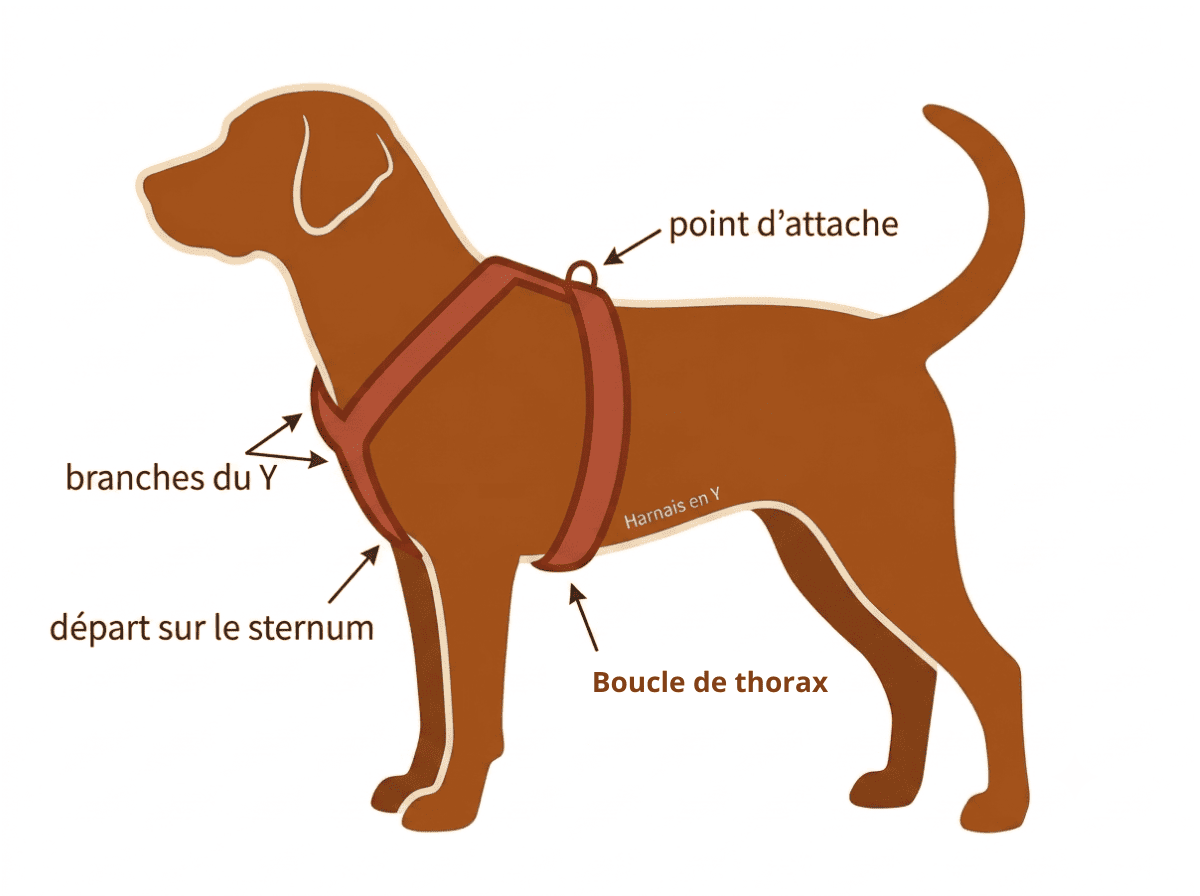 Schéma d'un harnais en Y pour chien avec sangle unique partant du sternum, sangle de thorax et point d'attache dorsal